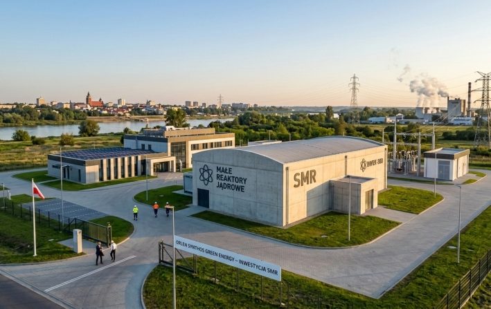 Wizualizacja kompleksu małych reaktorów jądrowych (SMR) w Polsce, z widocznym budynkiem reaktora BWRX-300 i infrastrukturą przesyłową na tle rzeki i miasta.