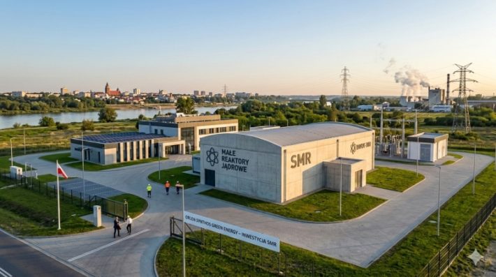 Wizualizacja kompleksu małych reaktorów jądrowych (SMR) w Polsce, z widocznym budynkiem reaktora BWRX-300 i infrastrukturą przesyłową na tle rzeki i miasta.
