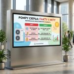 Profesjonalna grafika przedstawiająca publiczny kiosk informacyjny w Warszawie, z ekranem porównującym fakty i mity o pompach ciepła, promujący inicjatywę Ministerstwa Klimatu.
