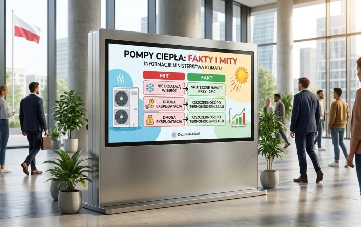 Profesjonalna grafika przedstawiająca publiczny kiosk informacyjny w Warszawie, z ekranem porównującym fakty i mity o pompach ciepła, promujący inicjatywę Ministerstwa Klimatu.